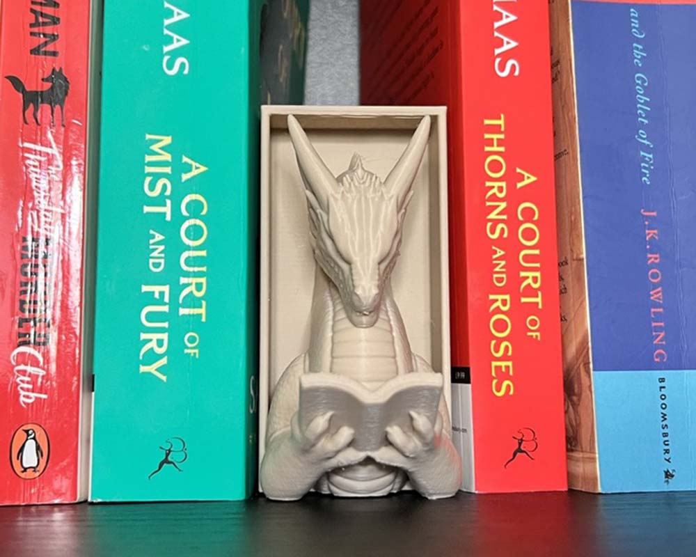 Dragon reading a book nook fantasy bookshelf insert 3D printed whimsical book nook with dragon figure Fantasy dragon book nook gift for readers and collectors Magical bookshelf décor featuring dragon reading Handmade book nook insert with dragon and book