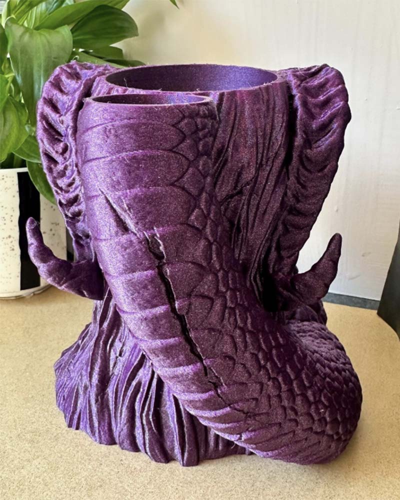 Sorceress dice tower and drink holder with serpent chute 3D printed fantasy gaming accessory for DnD players Purple sorceress bust dice roller with tray and cup holder RPG dice tower and drink stand for tabletop games Fantasy sorceress-themed dice tower gift for gamers