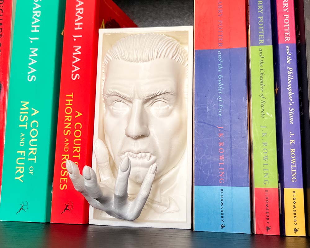 Halloween display with Dracula bookend and spooky books