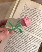 3D printed rose bookmark with detailed flower and thorn stem, Floral book accessory with a 3D rose peeking out of a book, Handmade rose bookmark gift for readers and book lovers