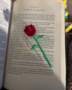 3D printed rose bookmark with detailed flower and thorn stem, Floral book accessory with a 3D rose peeking out of a book, Handmade rose bookmark gift for readers and book lovers