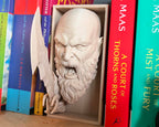 Side view of Kratos book nook with raised axe and sculpted armour