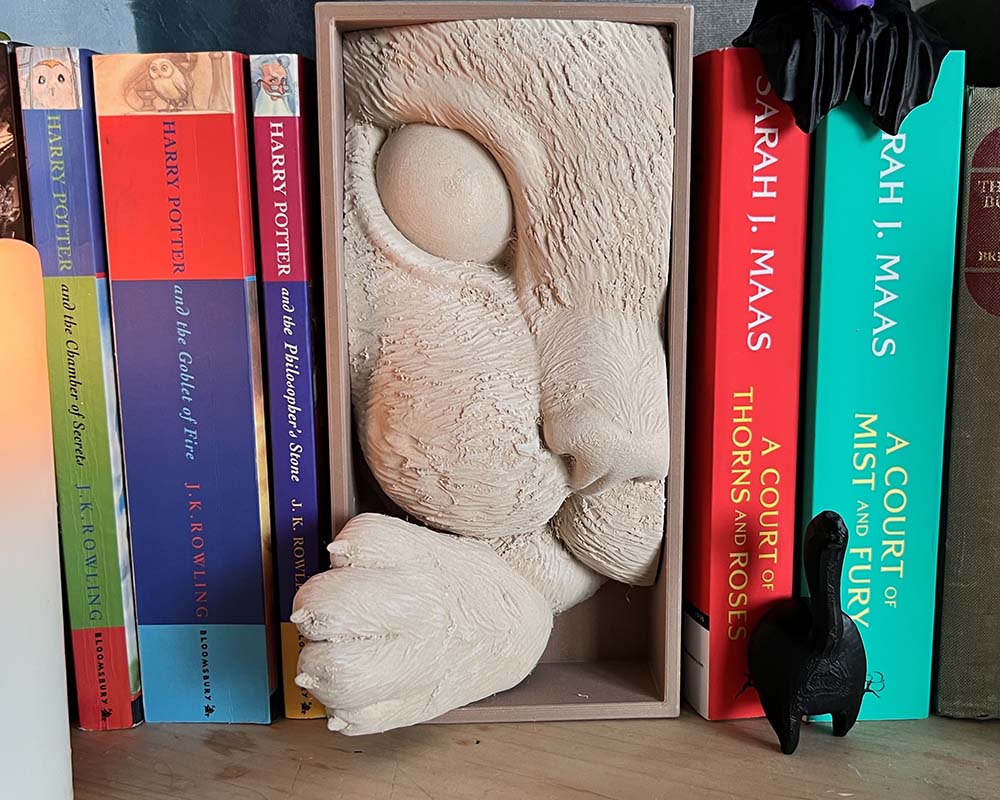 Cat pawing book nook shelf insert for book lovers 3D printed book nook with cat peeking and reaching paw Whimsical bookshelf décor with curious cat design Handmade book nook gift for cat lovers and readers Cute cat-themed book nook insert for cosy reading spaces