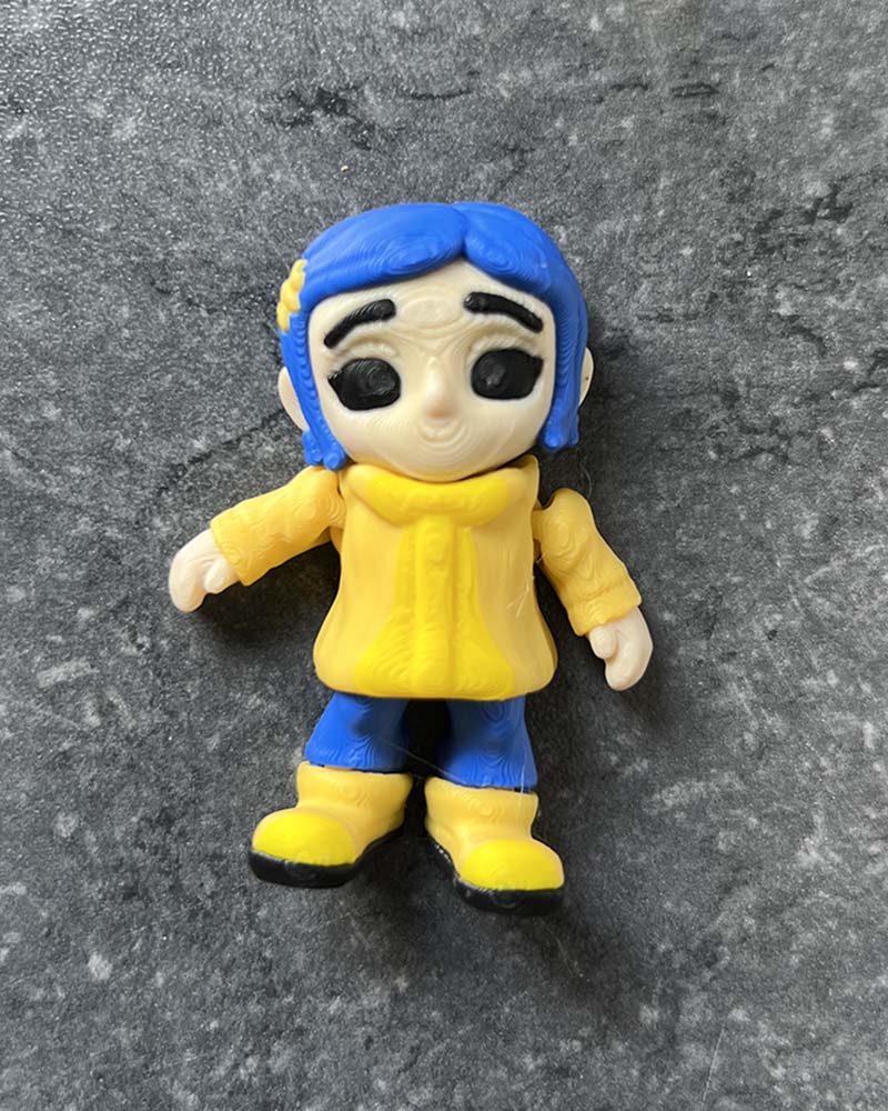 Coraline mini figures with Normal black eyes, yellow raincoat, and blue hair, inspired by gothic stop-motion style.