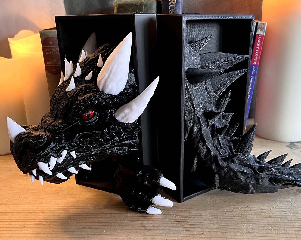 Dragon head and tail book nook fantasy shelf insert 3D printed book nook set with dragon head and tail design Bookshelf insert creating illusion of dragon hiding Fantasy dragon book nook gift for readers and gamers Mythical bookshelf décor with dragon head and tail