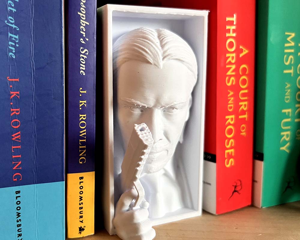 3D printed John Wick book nook with sculpted Baba Yaga bust