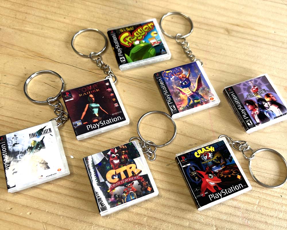 Miniature collection of PS1 game case keyring retro PlayStation design, stocking filler gift for playstation 1 gaming fans