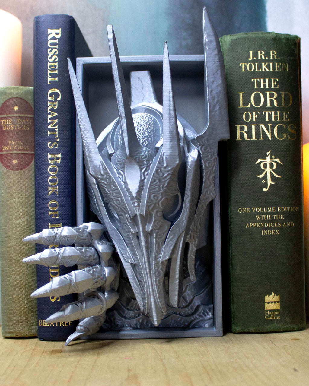 Front view of 3D printed Sauron book nook insert for fantasy shelves