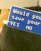 Fallout-inspired save progress bookmark in blue 3D printed gamer bookmark styled after Fallout save icon Blue save symbol book accessory for Fallout fans
close up