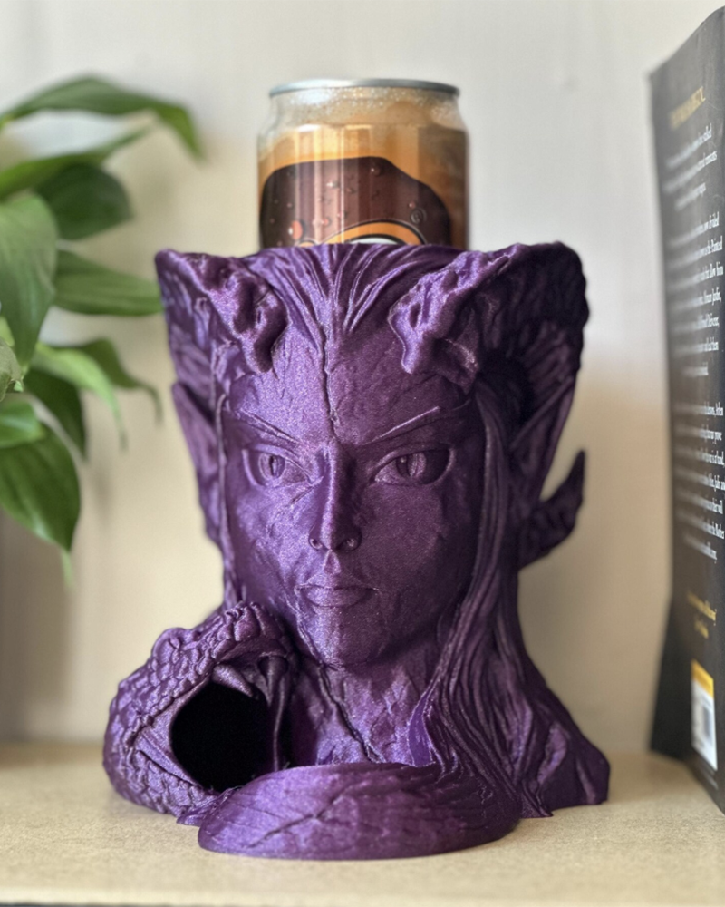 Sorceress dice tower and drink holder with serpent chute 3D printed fantasy gaming accessory for DnD players Purple sorceress bust dice roller with tray and cup holder RPG dice tower and drink stand for tabletop games Fantasy sorceress-themed dice tower gift for gamers