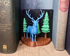 3D printed Stag Patronus book nook with mystical forest backdrop – Harry Potter-inspired bookshelf décor, handmade in the UK.