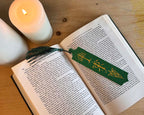Elvish leaf and Tolkien monogram detail on 3D printed bookmark in green and gold