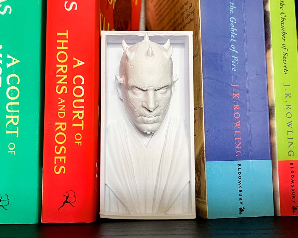 Darth Maul 3D printed book nook with horns and red tattoos