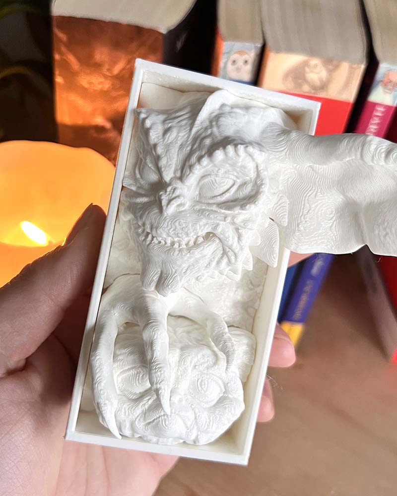 Hand holding gremlin shelf insert for size reference