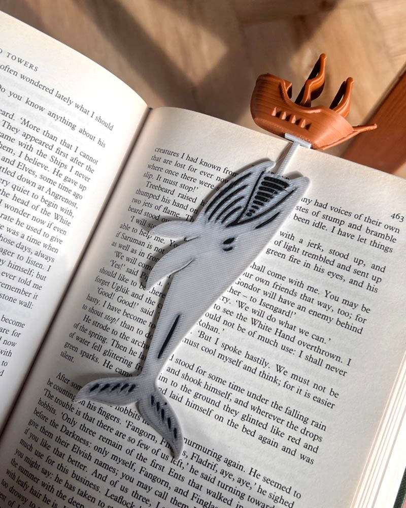whale attack bookmark with 3D printed ship design Ocean fantasy bookmark for readers and book lovers whale page holder nautical book accessory Quirky 3D printed whale and ship bookmark gift Unique bookmark for pirate and sea monster fans