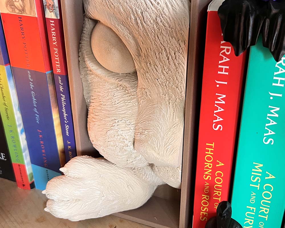 Cat pawing book nook shelf insert for book lovers 3D printed book nook with cat peeking and reaching paw Whimsical bookshelf décor with curious cat design Handmade book nook gift for cat lovers and readers Cute cat-themed book nook insert for cosy reading spaces