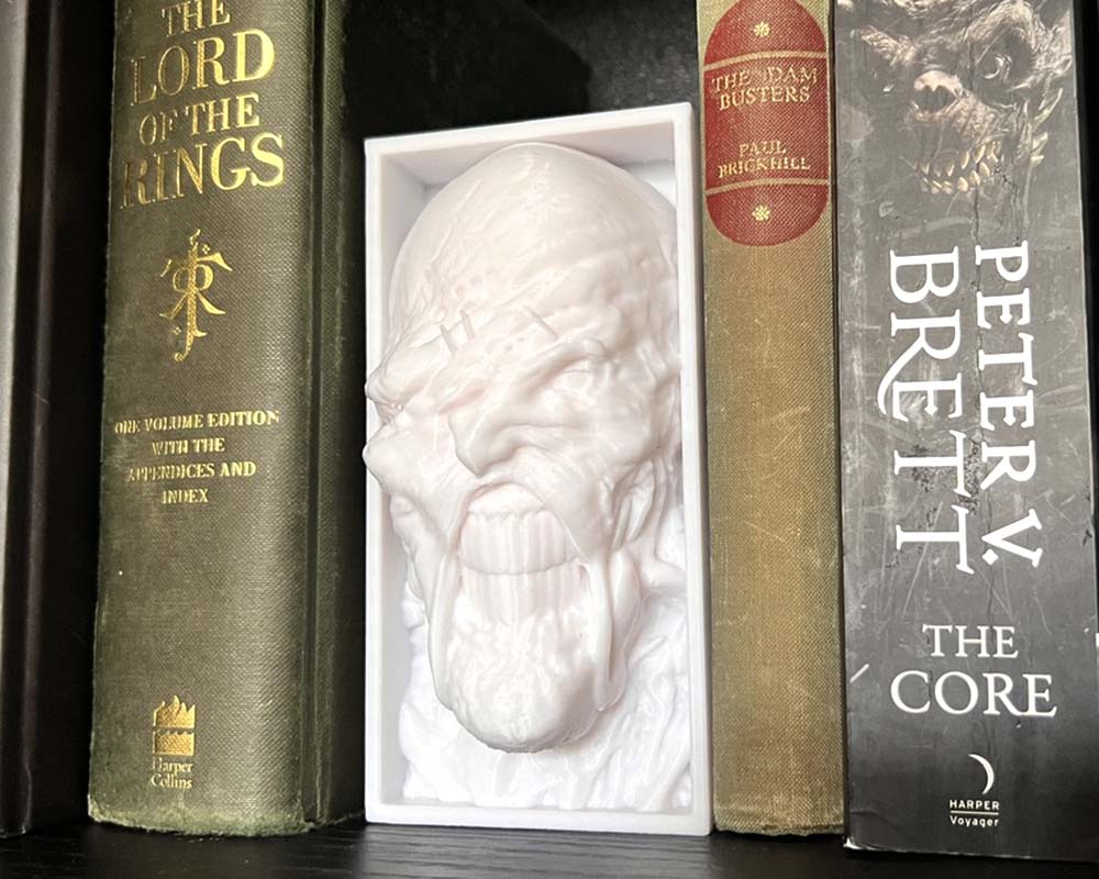 Nemesis book nook Resident Evil inspired shelf insert 3D printed survival horror bookshelf décor Nemesis Horror book nook with stitched Nemesis mutant face Resident Evil Nemesis book nook gift for gamers Creepy video game villain bookshelf insert Nemesis